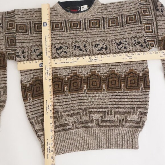Vintage Hawk Creek Sweater Tan Brown Black Abstract Geometric 90s Coogi Style XL - Picture 3 of 9